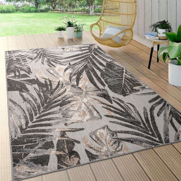 World Rug Gallery Tropical Leaves Indoor/Outdoor Area Rug 5' x 7' Gray 8012GRAY5X7 - main